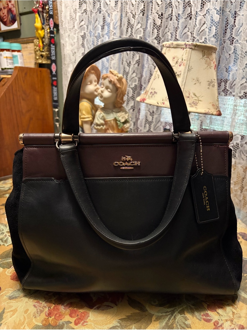 Coach Grace Selena Gomez Satchel Crossbody Bag Black Burgundy Leather 24109